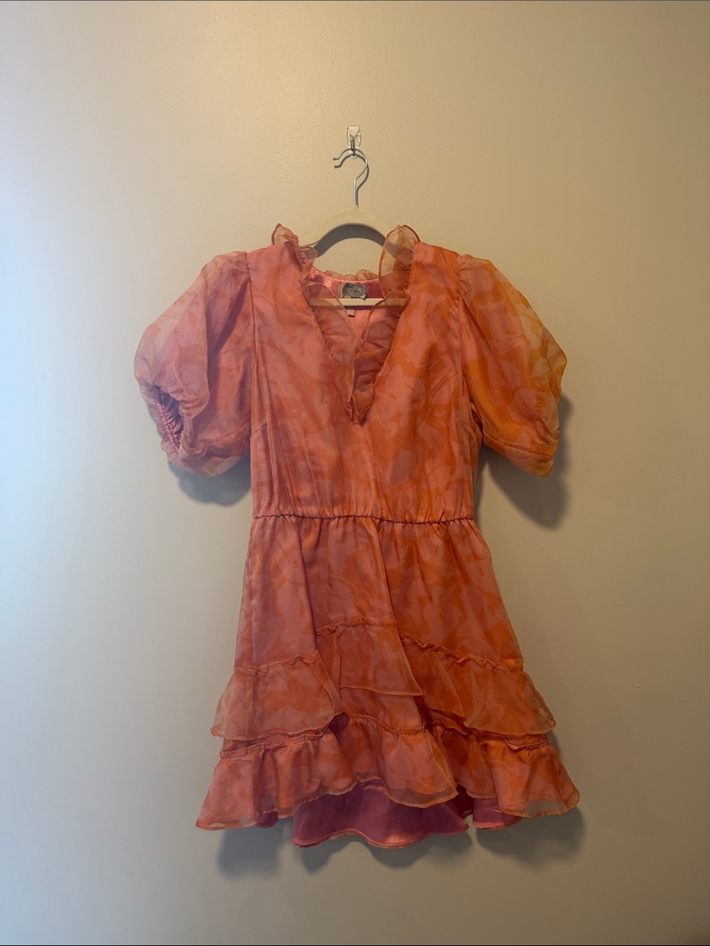 Show Me Your MuMu Orange Puff-Sleeve Tiered Mini Dress